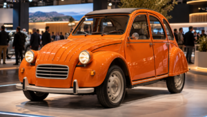 Une petite citadine électrique orange aux phares ronds et au capot strié, exposée sur un stand de salon automobile