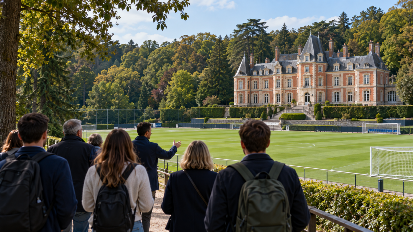 Un château de brique au bord d'une forêt, devant un terrain de football d'entraînement, avec un groupe de visiteurs vu de dos