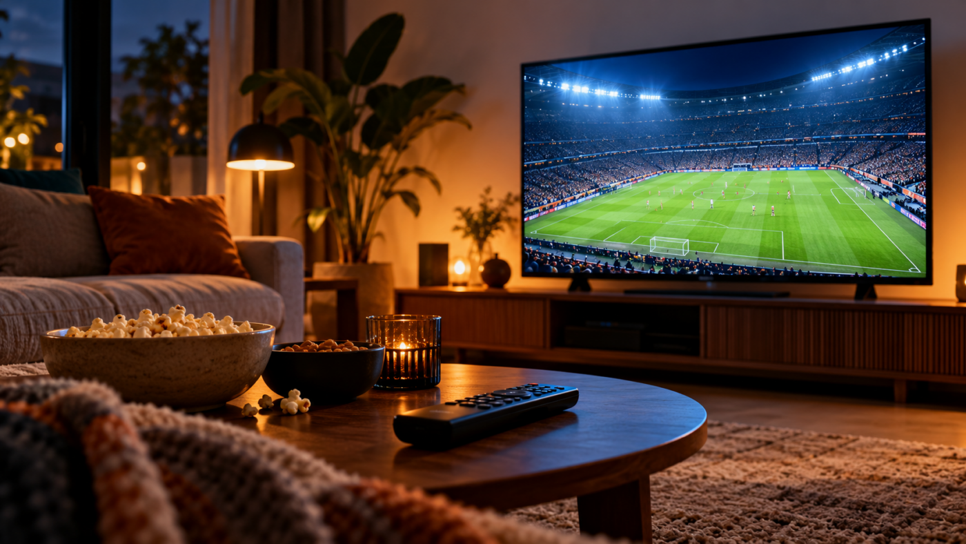 Un salon le soir, un téléviseur allumé sur un stade de football illuminé, une télécommande posée sur la table basse