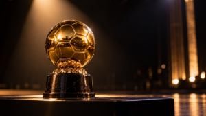 Un trophée doré en forme de ballon posé seul sur un socle noir, sous un projecteur