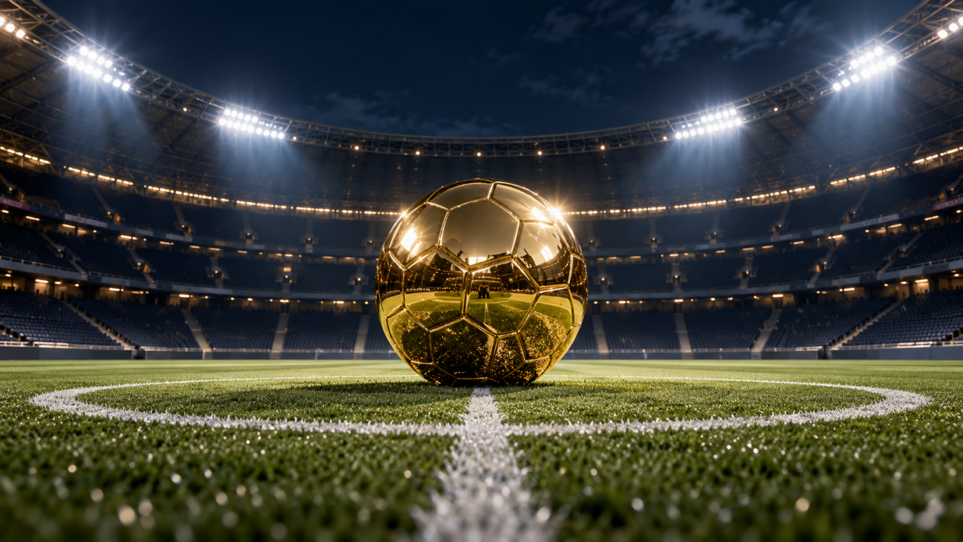 Un ballon doré posé au rond central d'un grand stade vide, sous les projecteurs