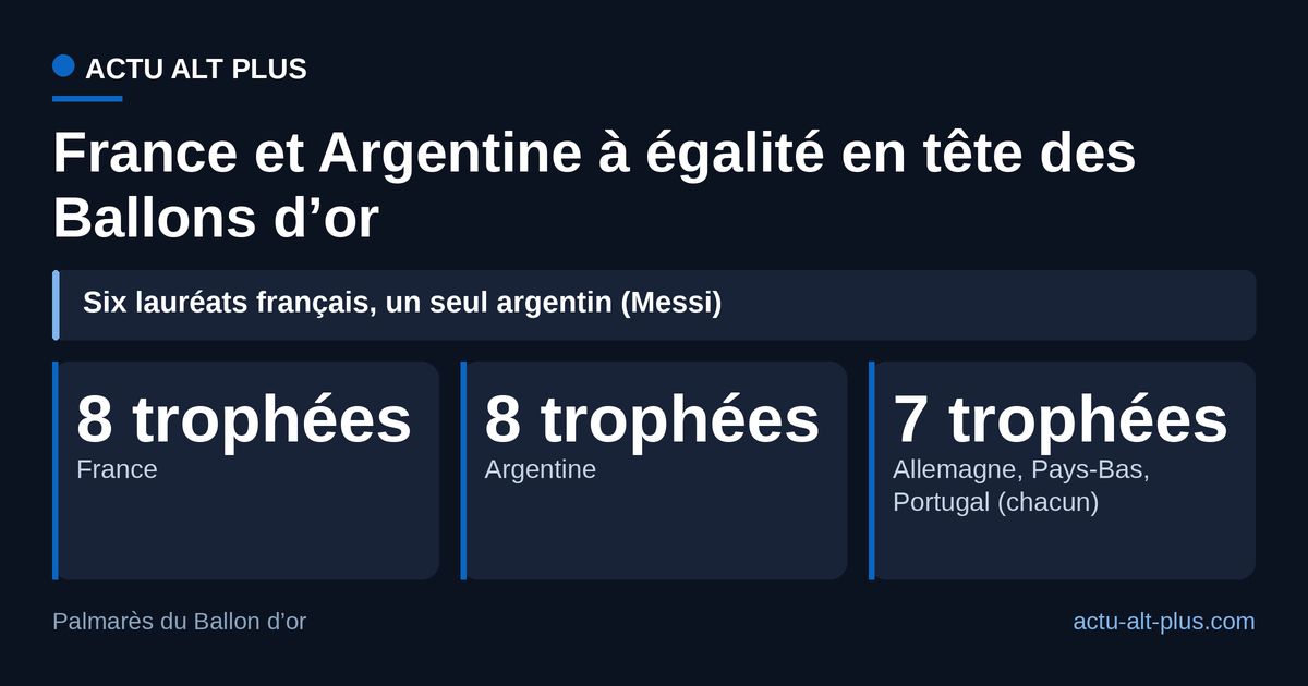 La France a rejoint l’Argentine à huit trophées avec le sacre de Dembélé en 2025 ; l’Allemagne, les Pays-Bas et le Portugal suivent avec sept.