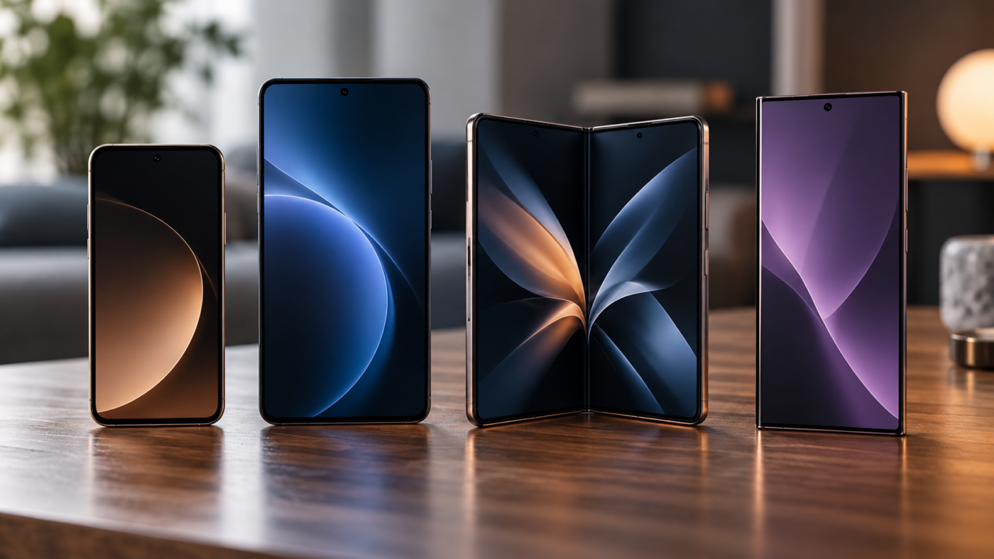 Quatre smartphones de tailles différentes posés côte à côte sur une table en bois, dont un modèle pliant entrouvert