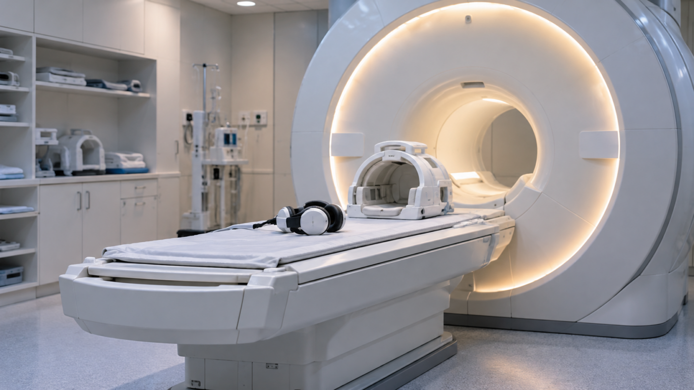 Une salle d’IRM vide, la table d’examen sortie du tunnel, une antenne de tête et un casque anti-bruit posés dessus
