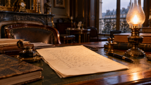 Un bureau de club parisien de la fin du XIXe siècle, avec un testament manuscrit, un encrier et une lampe à huile