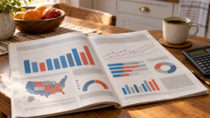 Un journal ouvert sur des graphiques en barres, une calculatrice et une tasse de café sur une table de cuisine