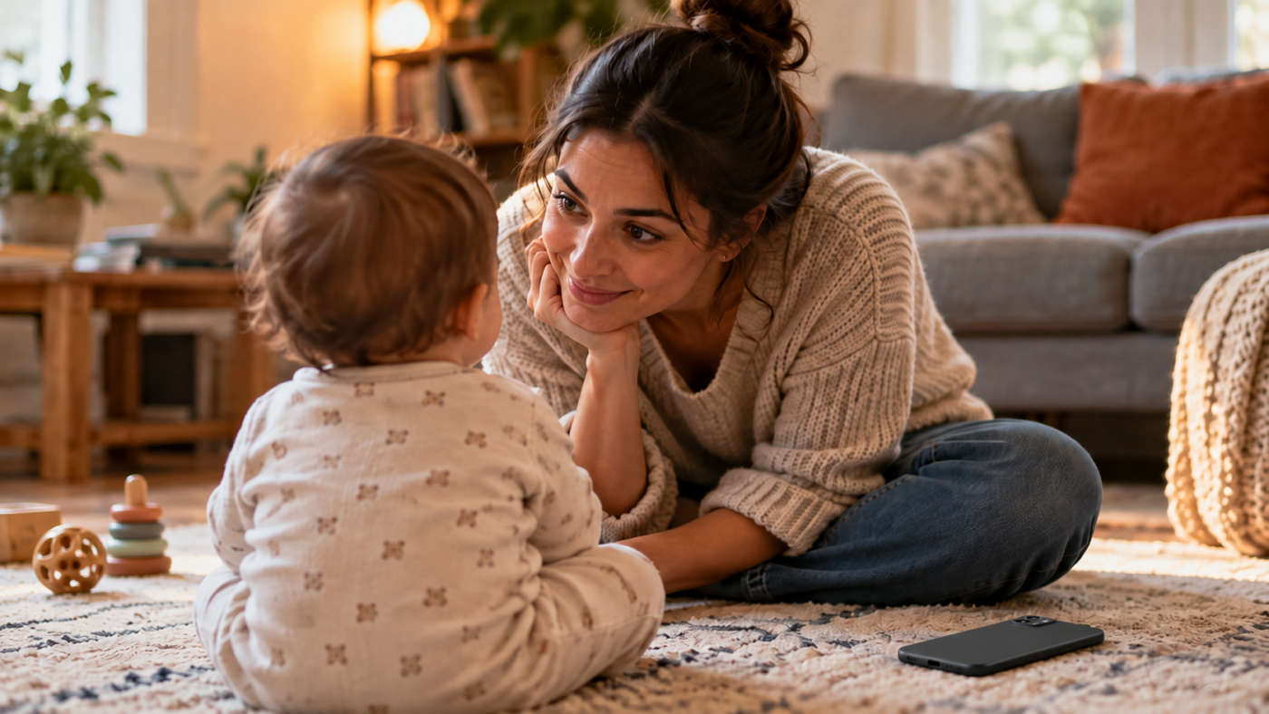 Un adulte à hauteur d’un bébé vu de dos le regarde dans les yeux, un téléphone posé face contre le sol à côté d’eux