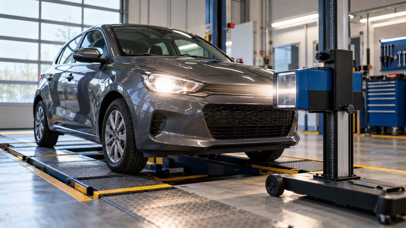 Une voiture citadine sur un pont élévateur dans un centre de contrôle technique, devant un appareil de réglage des phares