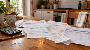 Des factures, un ticket de station-service et un bulletin de paie étalés sur une table de cuisine en bois, à côté d’une calculatrice et d’un crayon.