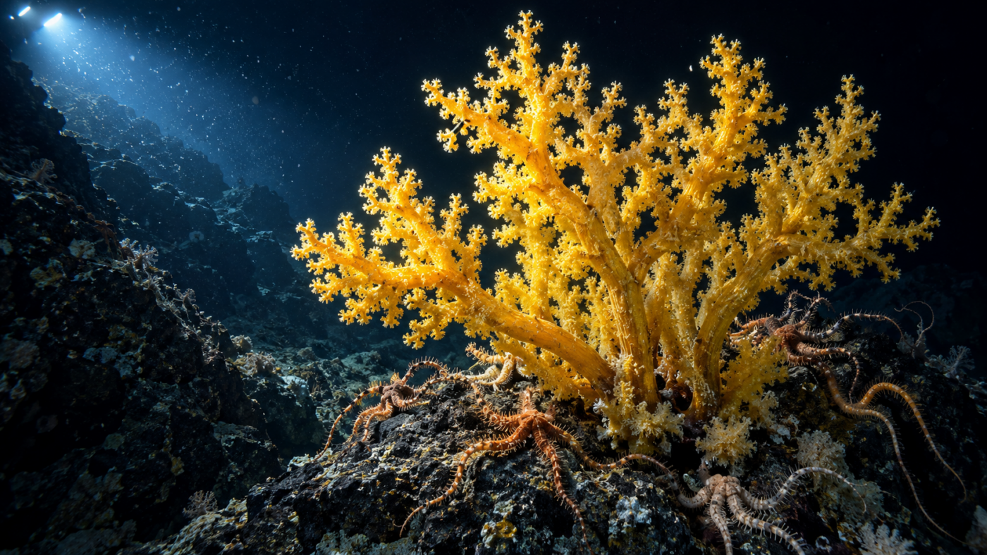 Un grand corail jaune d’or ramifié se dresse sur la pente rocheuse d’un mont sous-marin, entouré d’ophiures, dans le faisceau d’un projecteur.