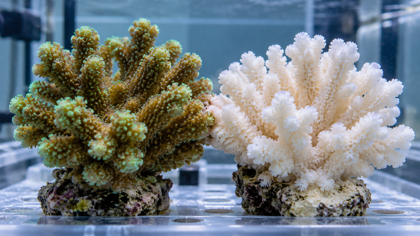 Deux fragments de corail chou-fleur se touchent dans un aquarium de laboratoire, l’un brun-vert et sain, l’autre blanchi