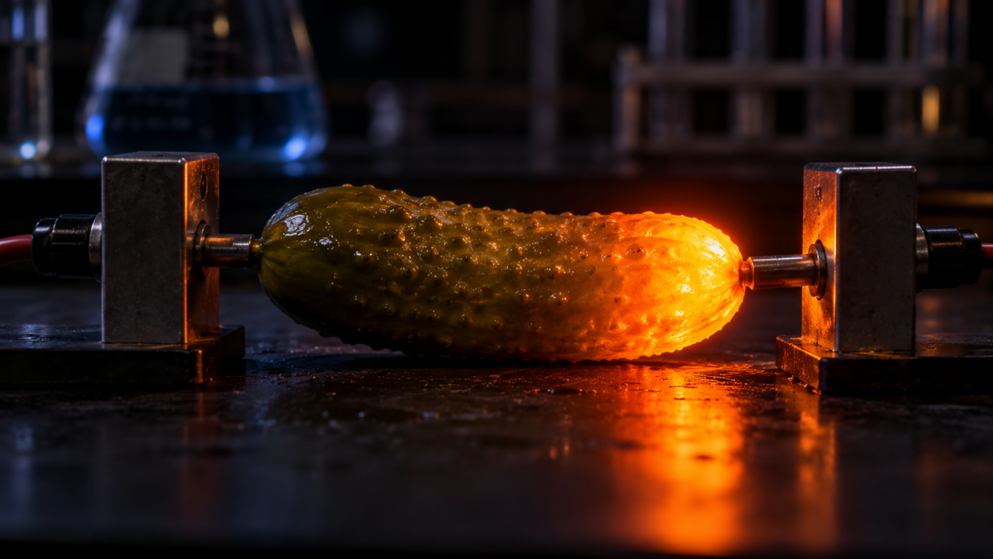 Un cornichon posé entre deux électrodes métalliques sur une paillasse, une extrémité brillant d'une lueur orange dans la pénombre.