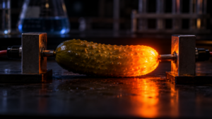 Un cornichon posé entre deux électrodes métalliques sur une paillasse, une extrémité brillant d'une lueur orange dans la pénombre.