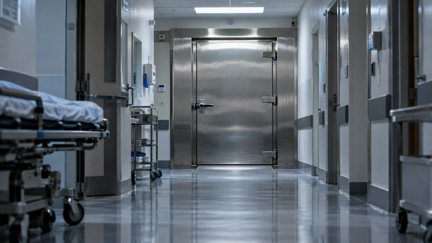 Un couloir d'hôpital vide mène à la porte fermée d'une chambre froide en inox