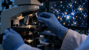 Des mains gantées règlent l’objectif d’un microscope dans un laboratoire de neurosciences plongé dans la pénombre, devant un écran constellé de points lumineux.