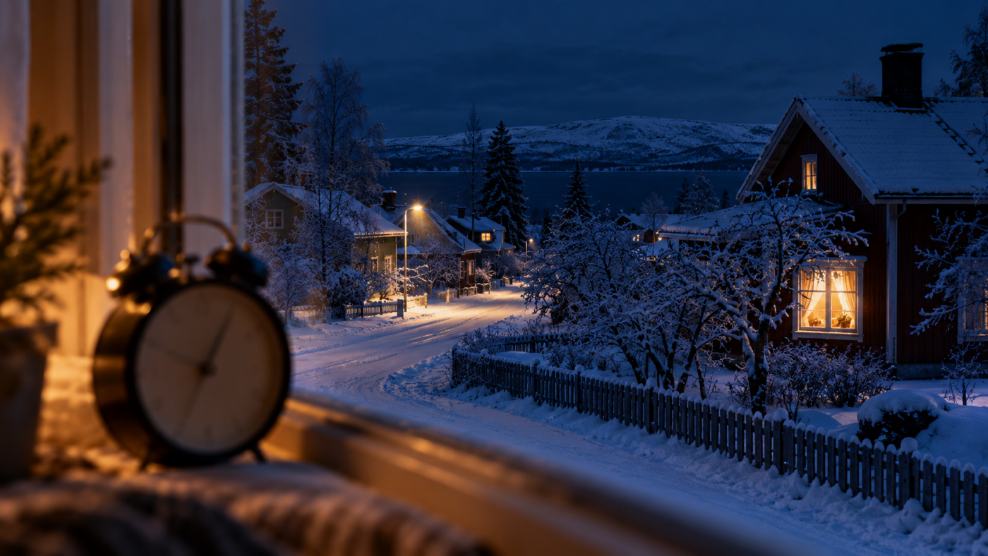 Fenêtre éclairée tard dans la nuit dans une petite ville enneigée du nord de la Finlande, réveil posé au premier plan