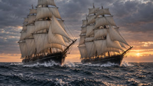 Deux grands voiliers du XIXe siècle toutes voiles dehors, bord à bord sur une mer grise au crépuscule.
