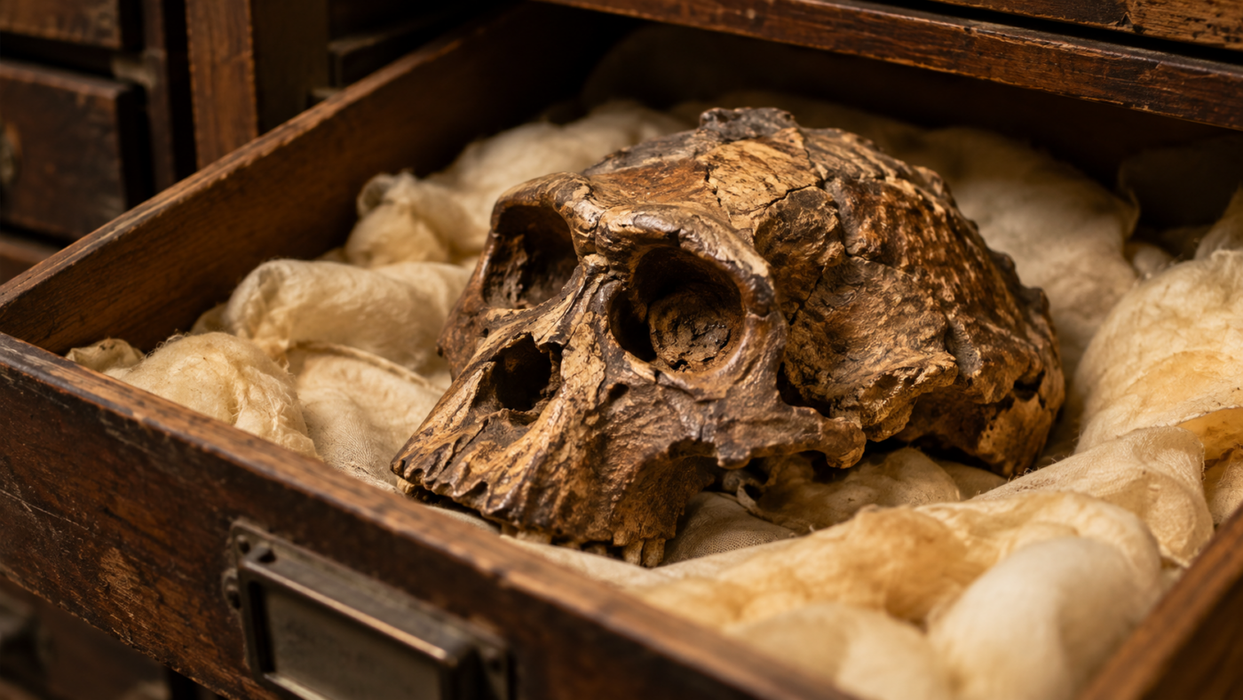 Un fragment de crâne fossile brun posé sur du coton jauni dans un vieux tiroir de collection en bois