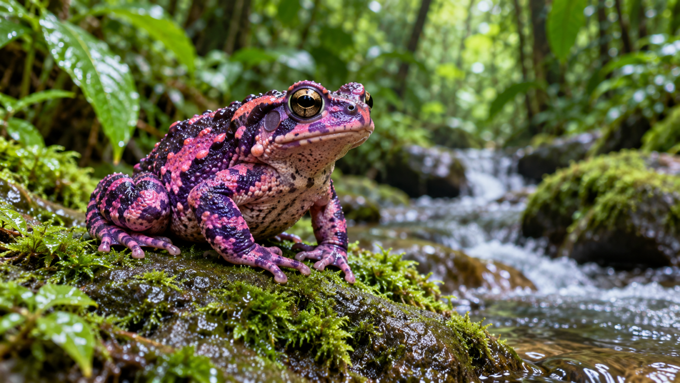 Petit crapaud violet et rose posé sur une pierre moussue au bord d’un ruisseau de forêt tropicale.