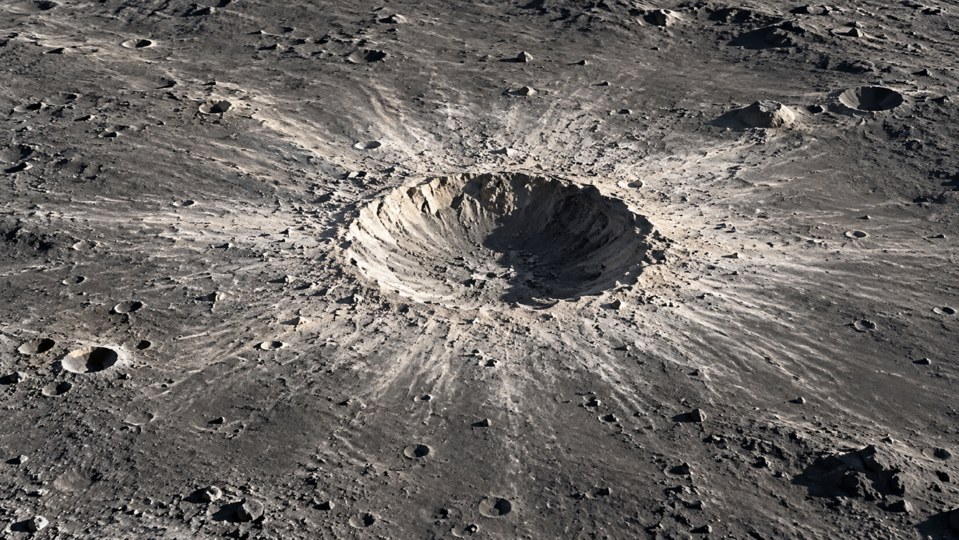 Un cratère d'impact récent sur un sol lunaire gris, entouré d'éjectas clairs rayonnants, sous une lumière rasante.