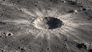 Un cratère d'impact récent sur un sol lunaire gris, entouré d'éjectas clairs rayonnants, sous une lumière rasante.