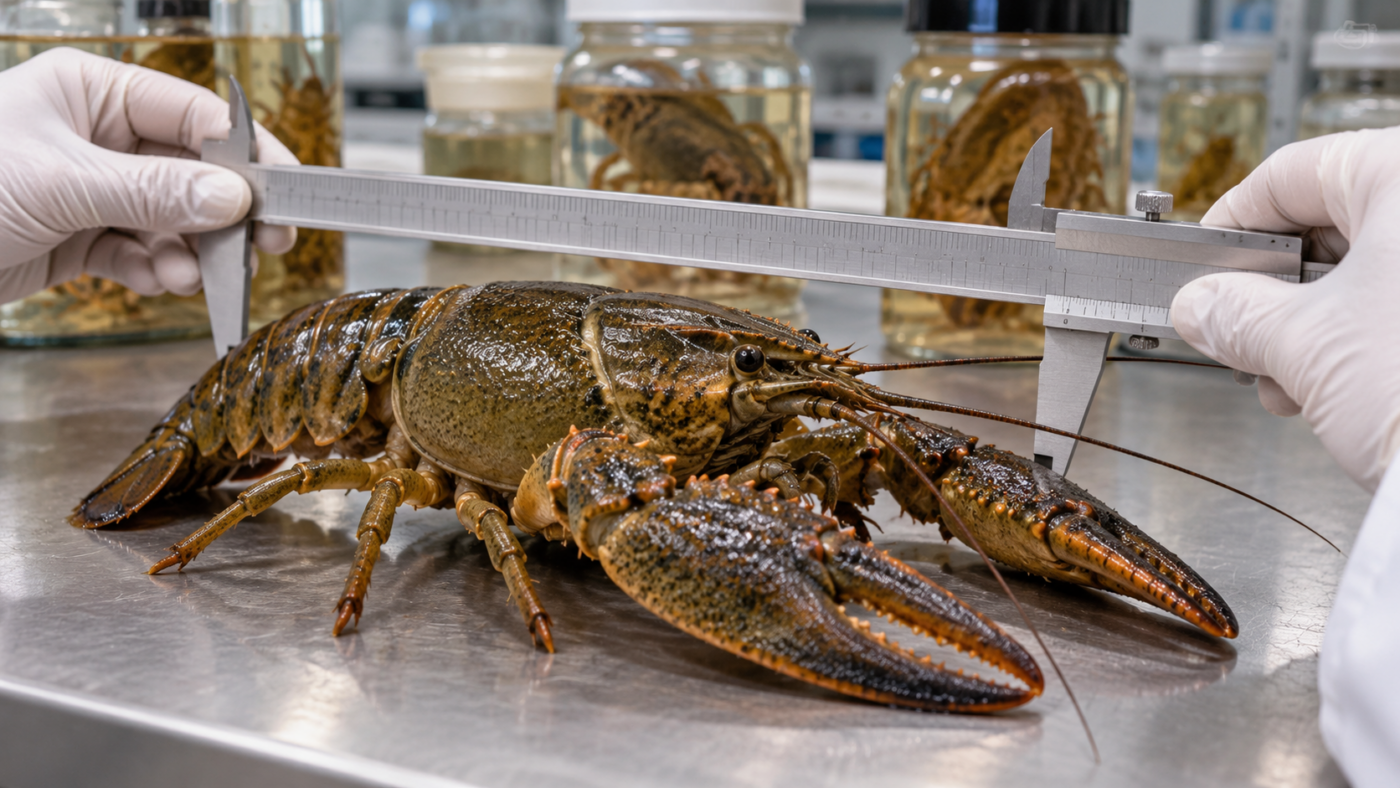 Une grosse écrevisse brun olive posée sur une paillasse de laboratoire, mesurée au pied à coulisse devant des bocaux de collection