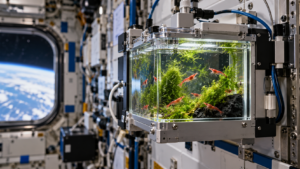 Un petit aquarium scellé où nagent de minuscules crevettes rouges parmi des algues, fixé dans un module de station spatiale