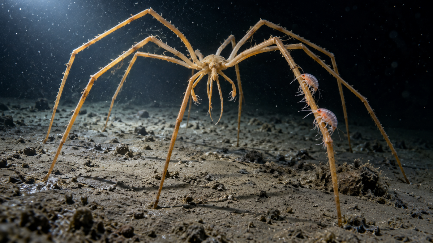 Araignée de mer abyssale aux longues pattes sur la vase, éclairée par un robot sous-marin, avec de petits crustacés agrippés à une patte