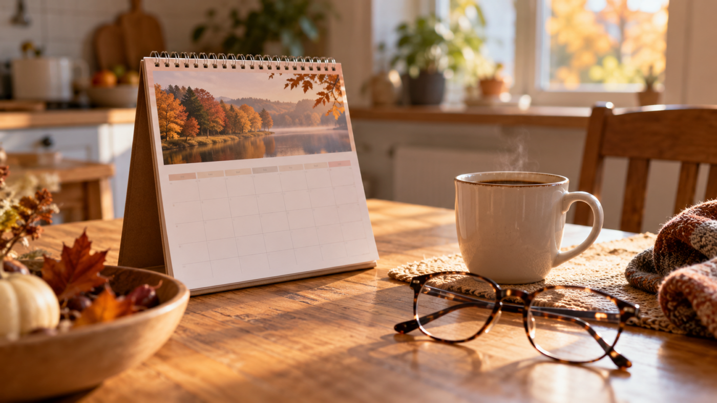 Un calendrier mural de novembre posé sur une table de cuisine, à côté d’une paire de lunettes et d’une tasse de café
