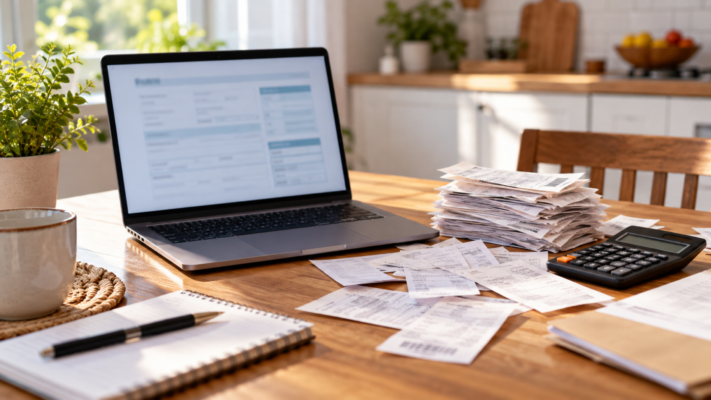 Une table de cuisine partagée entre un ordinateur affichant un formulaire déjà rempli et une pile de reçus papier avec une calculatrice