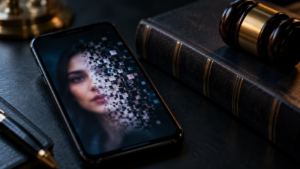 Écran de smartphone affichant un portrait flou qui se décompose en pixels, posé sur un bureau sombre près d’un code de loi