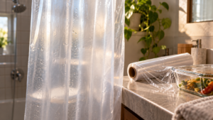Rideau de douche en plastique translucide au premier plan et, au fond, un rouleau de film étirable posé près d'un plat en verre