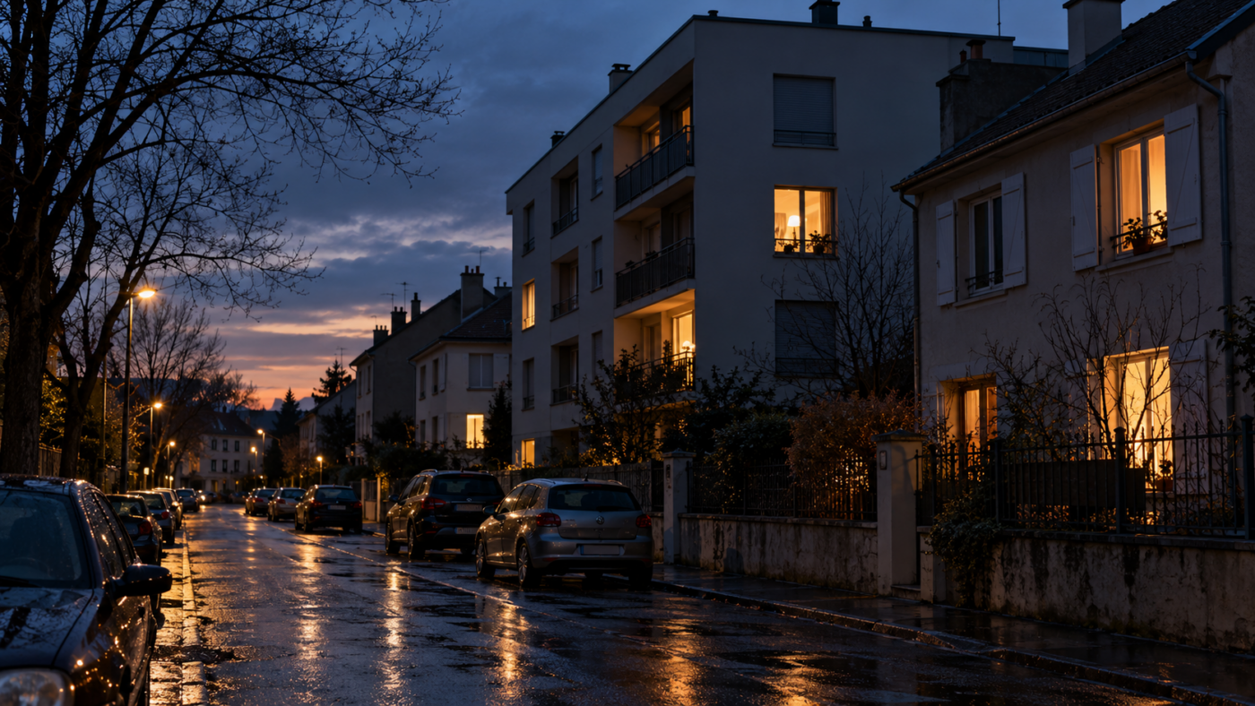 Rue résidentielle française au crépuscule en hiver, certaines fenêtres éclairées et d’autres éteintes, chaussée mouillée.
