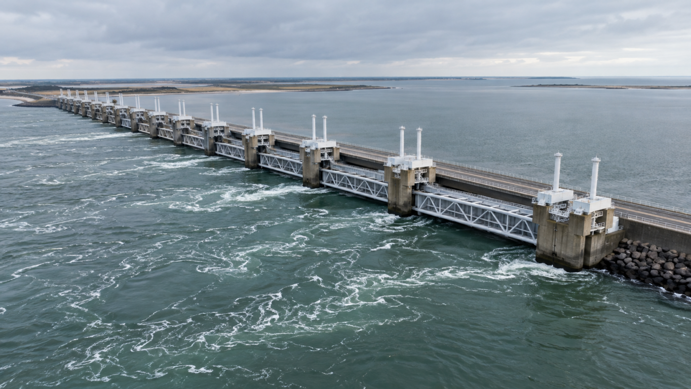 Vue aérienne d’une longue barrière anti-tempête : une rangée de piliers de béton et de vannes d’acier levées en travers d’un estuaire gris-vert