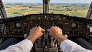 Deux mains serrent les manettes des gaz dans le cockpit d'un vieil avion de ligne, au-dessus de champs de maïs