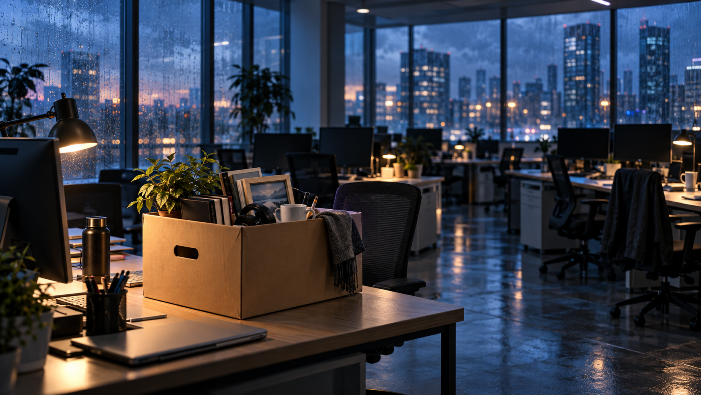 Un carton posé sur un bureau vide dans un open space de bureaux tech désert, un soir de pluie