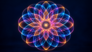 Rosace symétrique formée de dizaines de fines courbes colorées qui se chevauchent sur un fond bleu nuit, comme une fleur géométrique.
