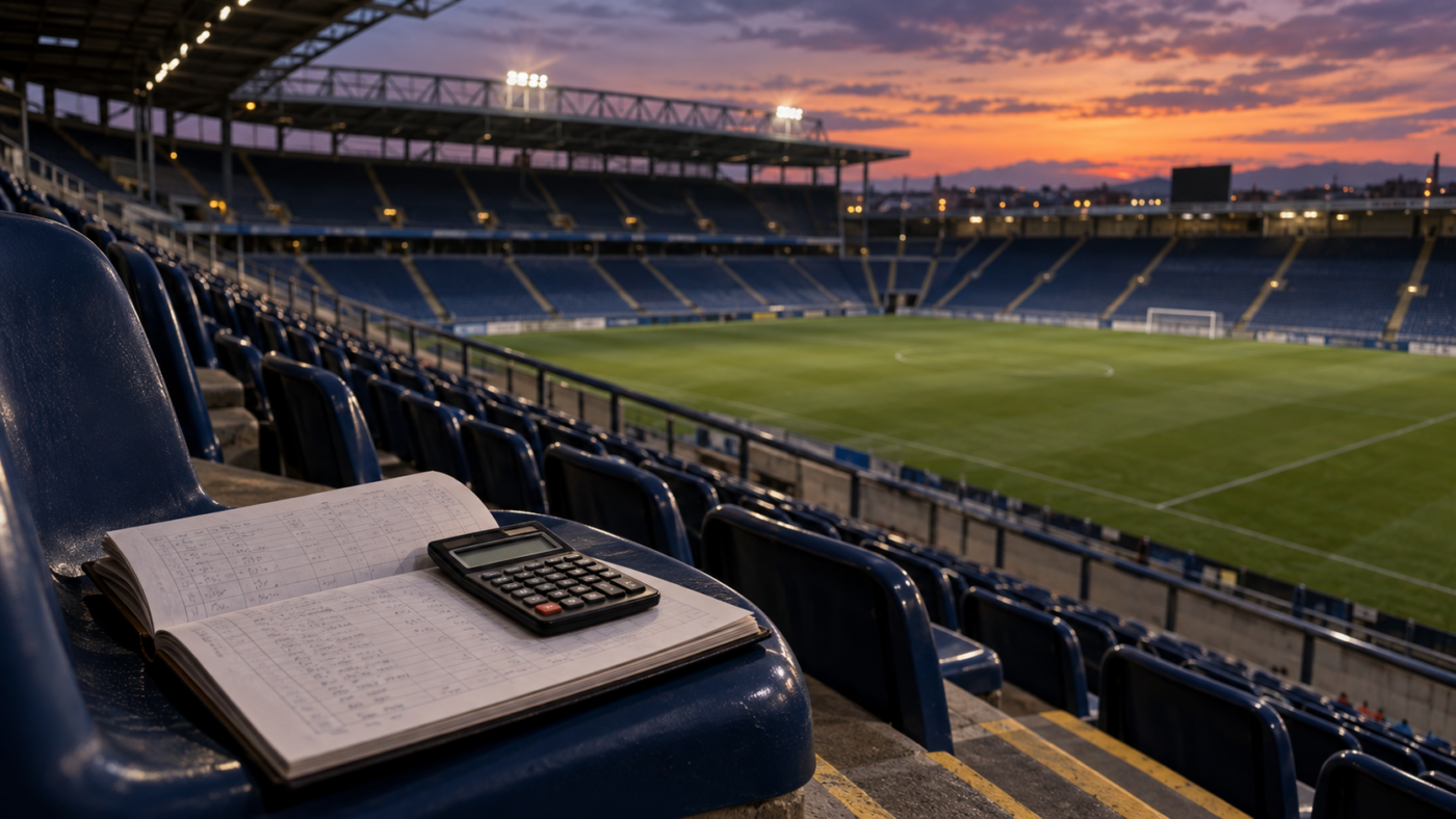 Une tribune de stade vide au crépuscule, un registre comptable et une calculatrice posés sur un siège bleu marine