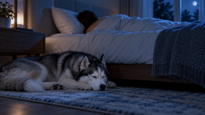 Un husky endormi au pied d’un lit, un dormeur de dos sous la couette, dans une chambre baignée de lumière bleutée