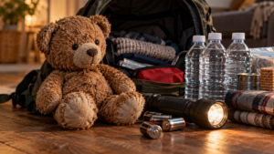 Un ours en peluche usé posé au milieu d’une lampe torche, de piles et de bouteilles d’eau, devant un sac à dos ouvert.