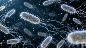 Bactéries en forme de bâtonnet munies de longs flagelles, nageant dans un liquide vu au microscope