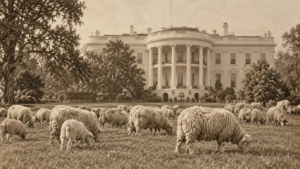 Moutons broutant une vaste pelouse devant une demeure blanche à colonnes, dans une ambiance de photographie ancienne