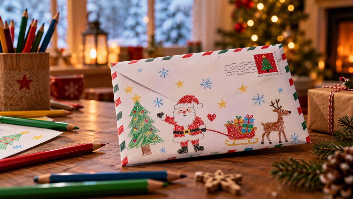 Une enveloppe dessinée par un enfant pour le Père Noël, posée près de crayons de couleur
