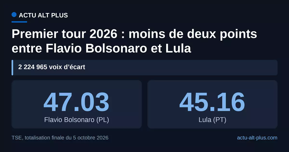 Le 4 octobre 2026, Flavio Bolsonaro devance Lula de 2 224 965 voix ; aucun autre candidat n’a atteint 3 %.