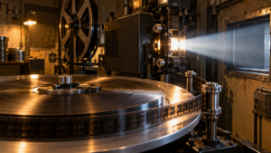 Cabine de projection des années 1980, un plateau de pellicule 70 mm en rotation dans le faisceau du projecteur.