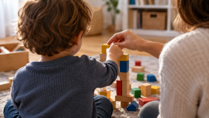 Une main d'adulte posée doucement sur celle d'un jeune enfant qui empile des cubes en bois, vu de dos.