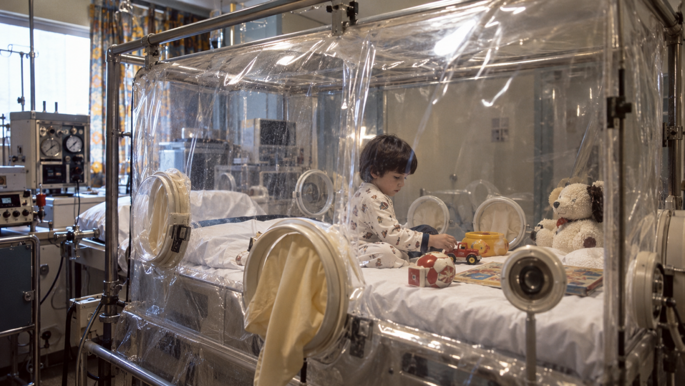 Une chambre d'hôpital des années 1970 vue à travers la paroi d'un isolateur en plastique, avec des jouets à l'intérieur
