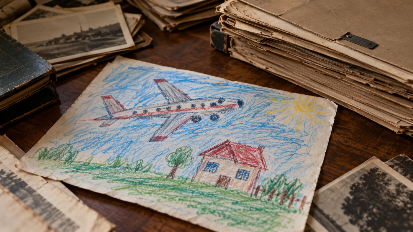 Un dessin d’enfant représentant un avion et une maison, posé sur une table près de vieux dossiers d’archives