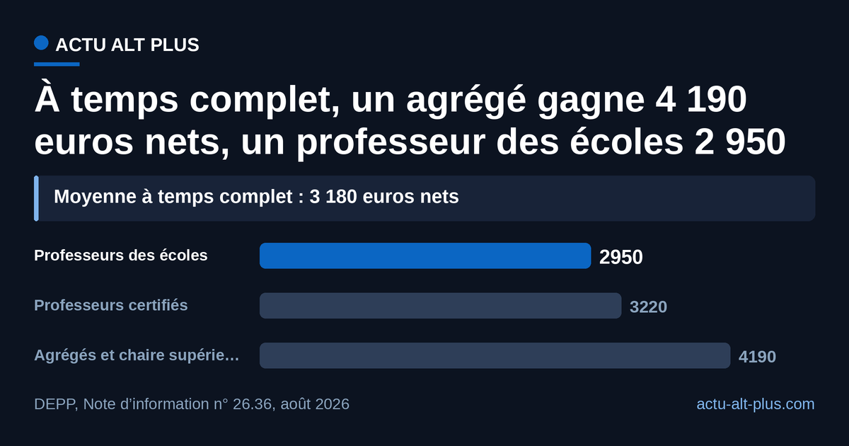 En 2024, à temps complet, le salaire net moyen va de 2 950 euros pour un professeur des écoles à 4 190 euros pour un agrégé : le montant dépend surtout du corps.