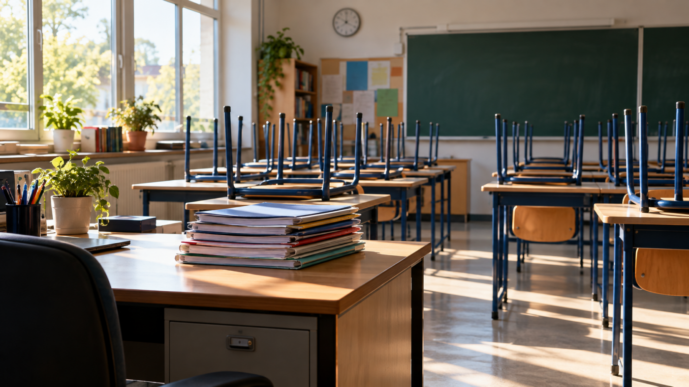 Une salle de classe vide pendant les vacances, chaises retournées sur les tables, une pile de cahiers sur le bureau